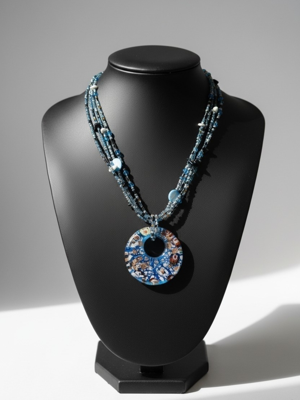 Blue Glass Donut Pendant Multi-Strand Beaded Necklace by